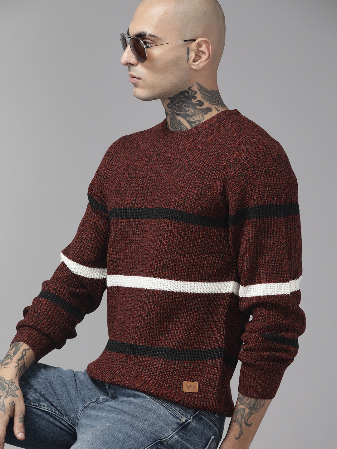 

The Roadster Lifestyle Co. Men Maroon & Black Striped Acrylic Pullover