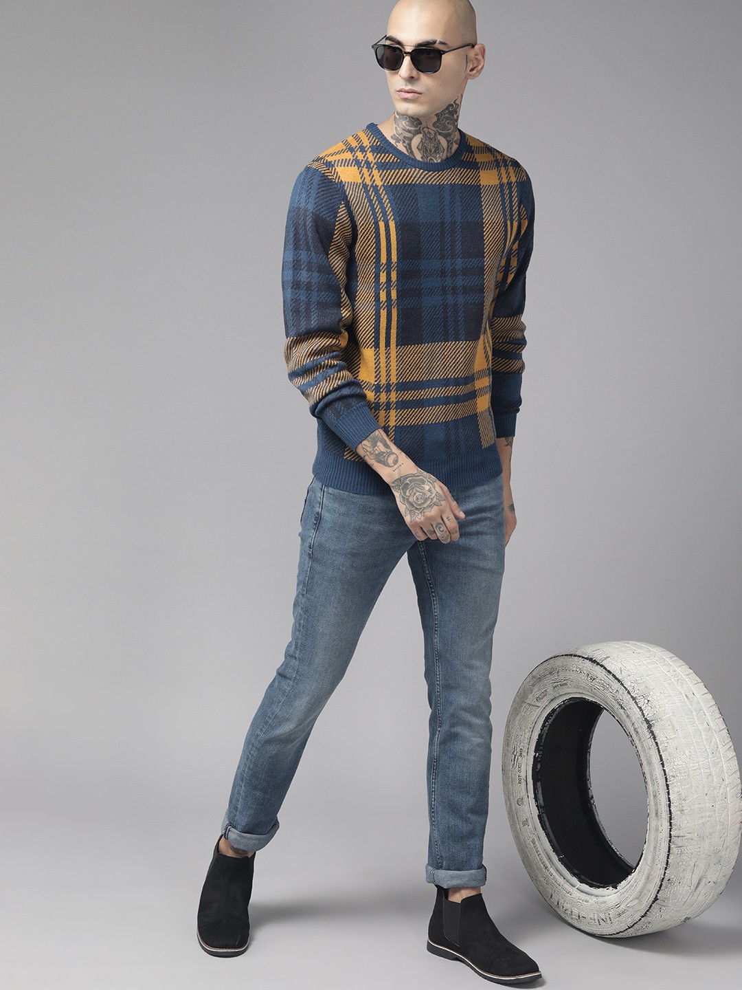 

The Roadster Lifestyle Co. Men Teal Blue & Mustard Yellow Checked Acrylic Pullover
