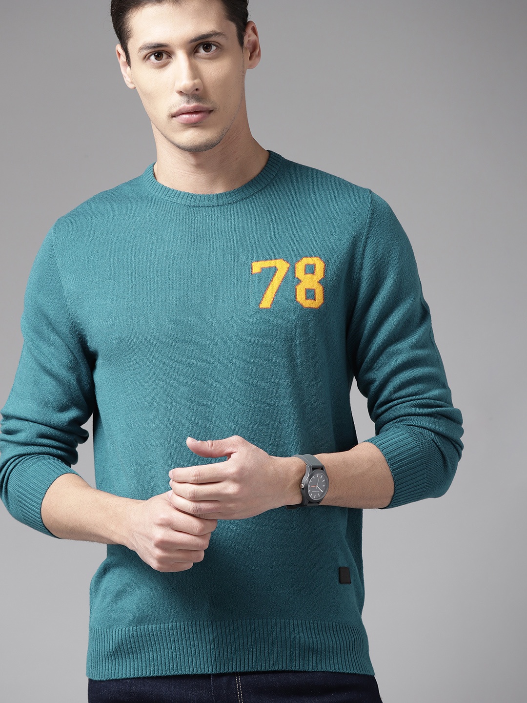 

The Roadster Lifestyle Co Men Teal Blue Typography Pullover