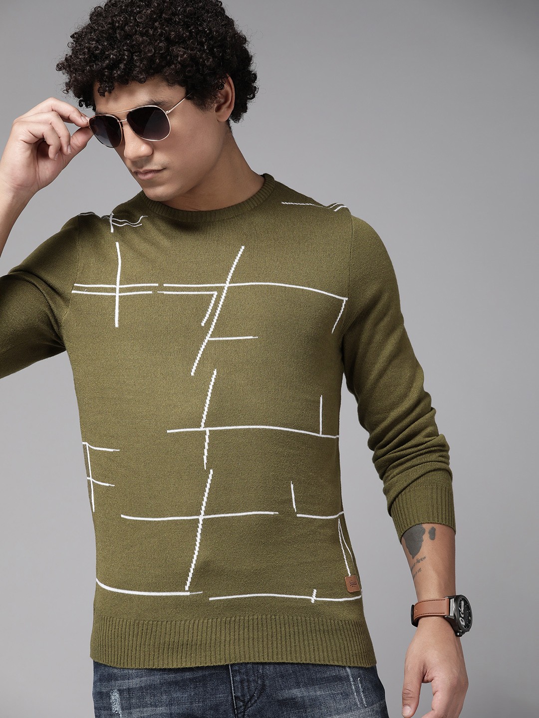 

The Roadster Lifestyle Co. Men Geometric Pullover, Olive