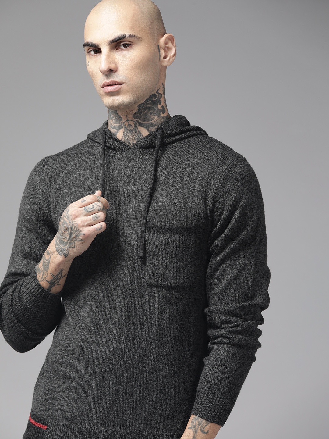 

The Roadster Lifestyle Co. Men Charcoal Solid Acrylic Hooded Pullover With Pocket Detail