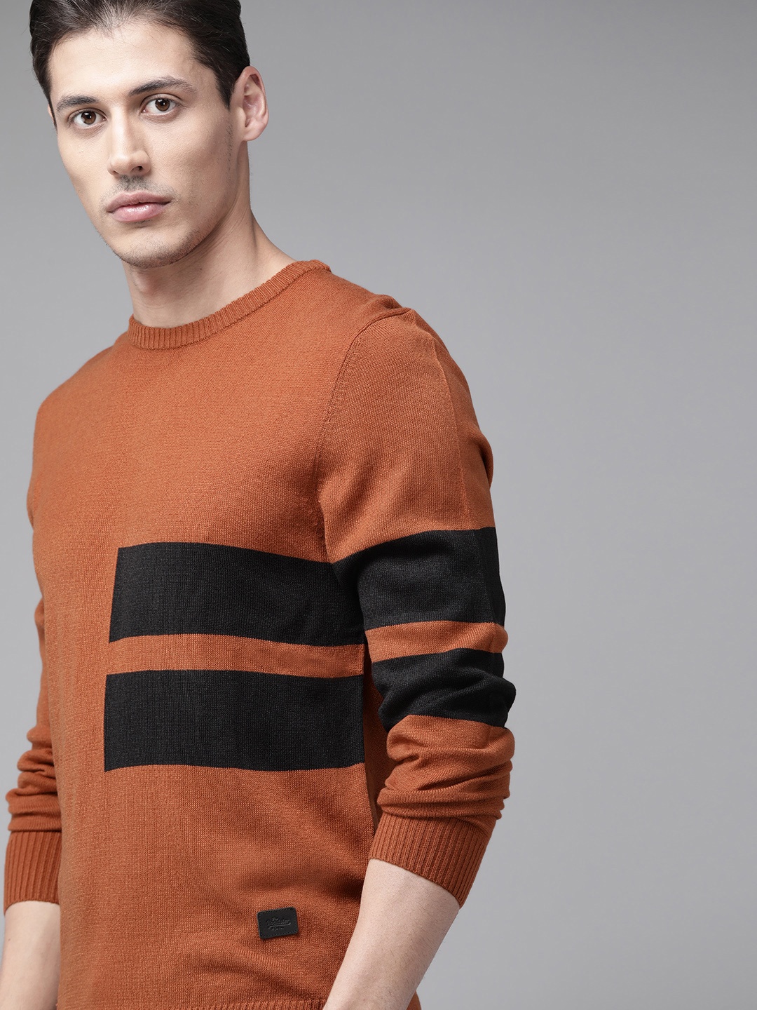 

The Roadster Lifestyle Co Men Brown & Black Striped Pullover