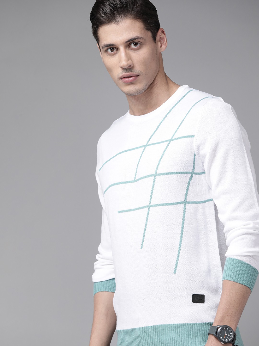 

The Roadster Lifestyle Co Men White & Green Self Design Pullover