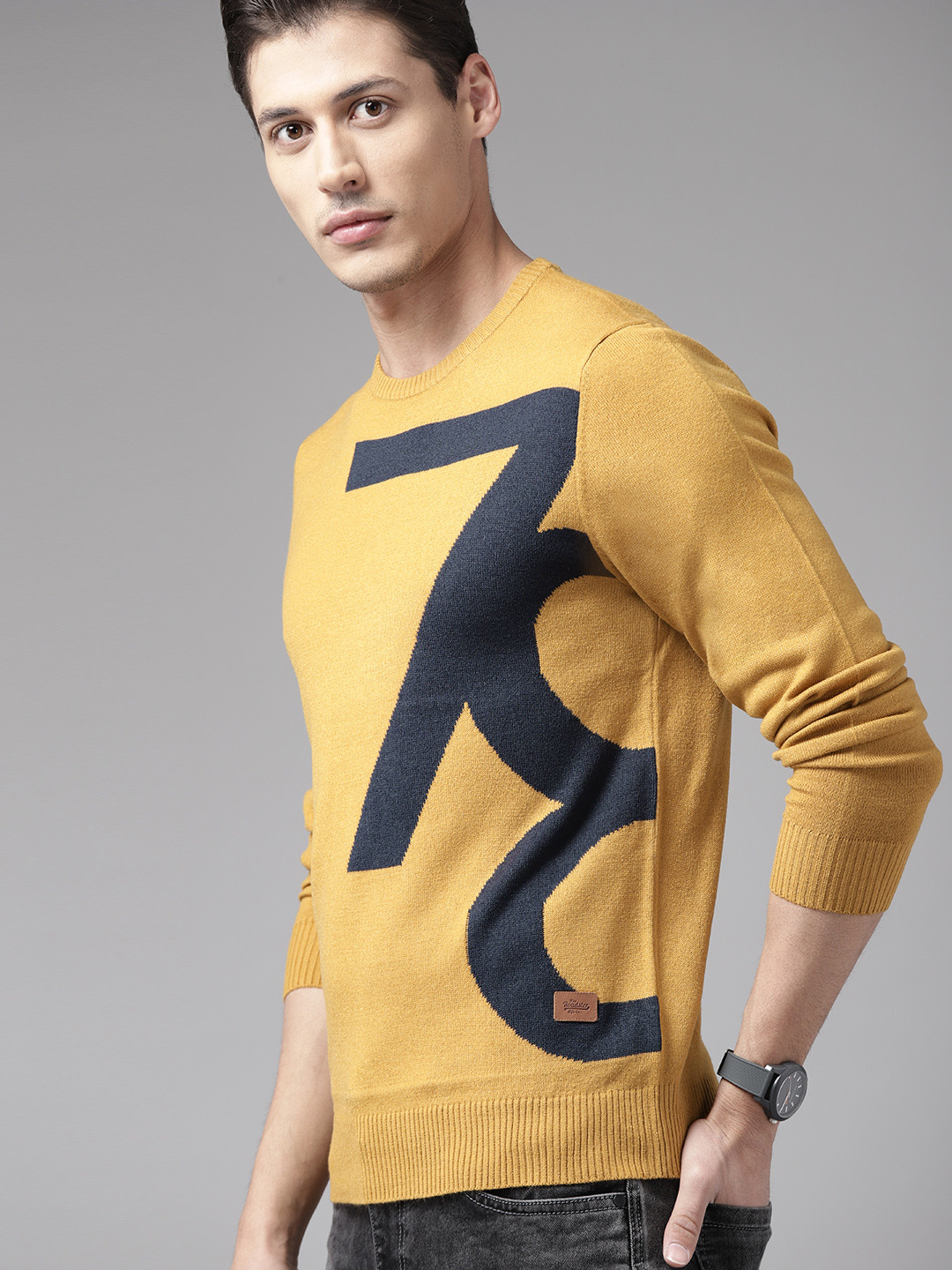 

The Roadster Lifestyle Co Men Mustard Yellow & Black Typography Pullover
