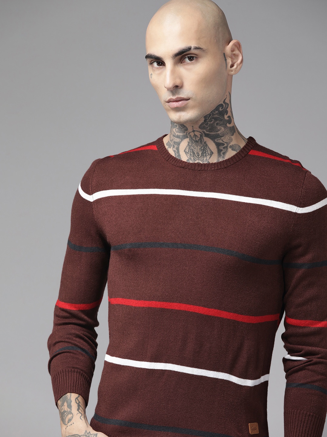 

The Roadster Lifestyle Co. Men Brown & White Striped Acrylic Pullover