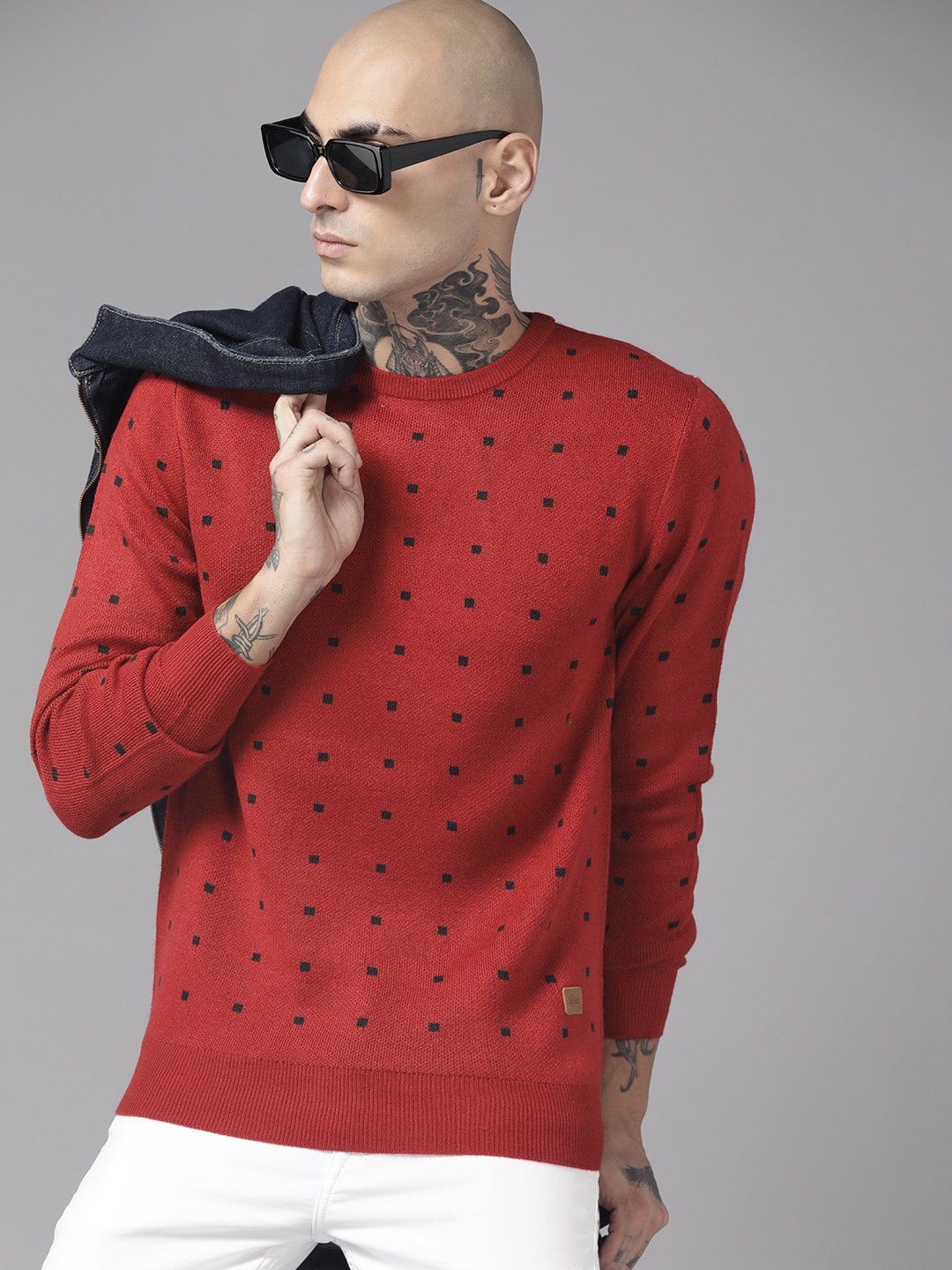 

The Roadster Lifestyle Co. Men Red & Black Geometric Pattern Acrylic Pullover