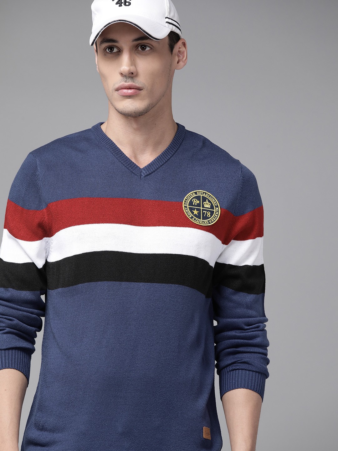 

The Roadster Lifestyle Co Men Navy Blue & Red Striped Pullover with Applique Detail
