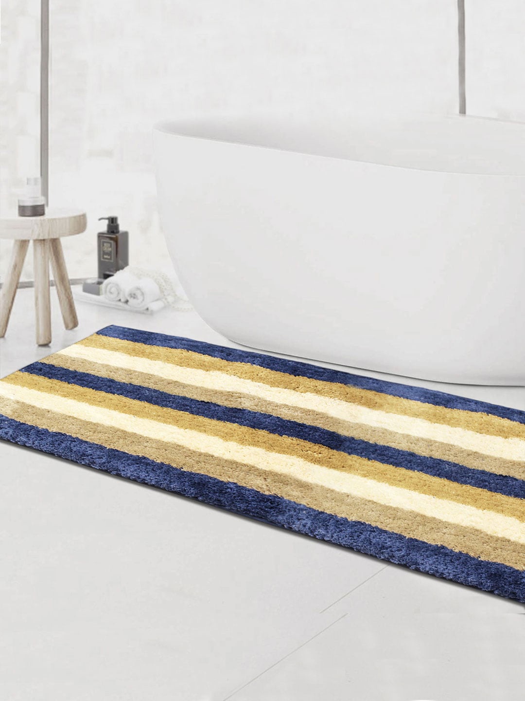 

LUXEHOME INTERNATIONAL Brown & Blue Striped 1850 GSM Microfibre Bath Rug