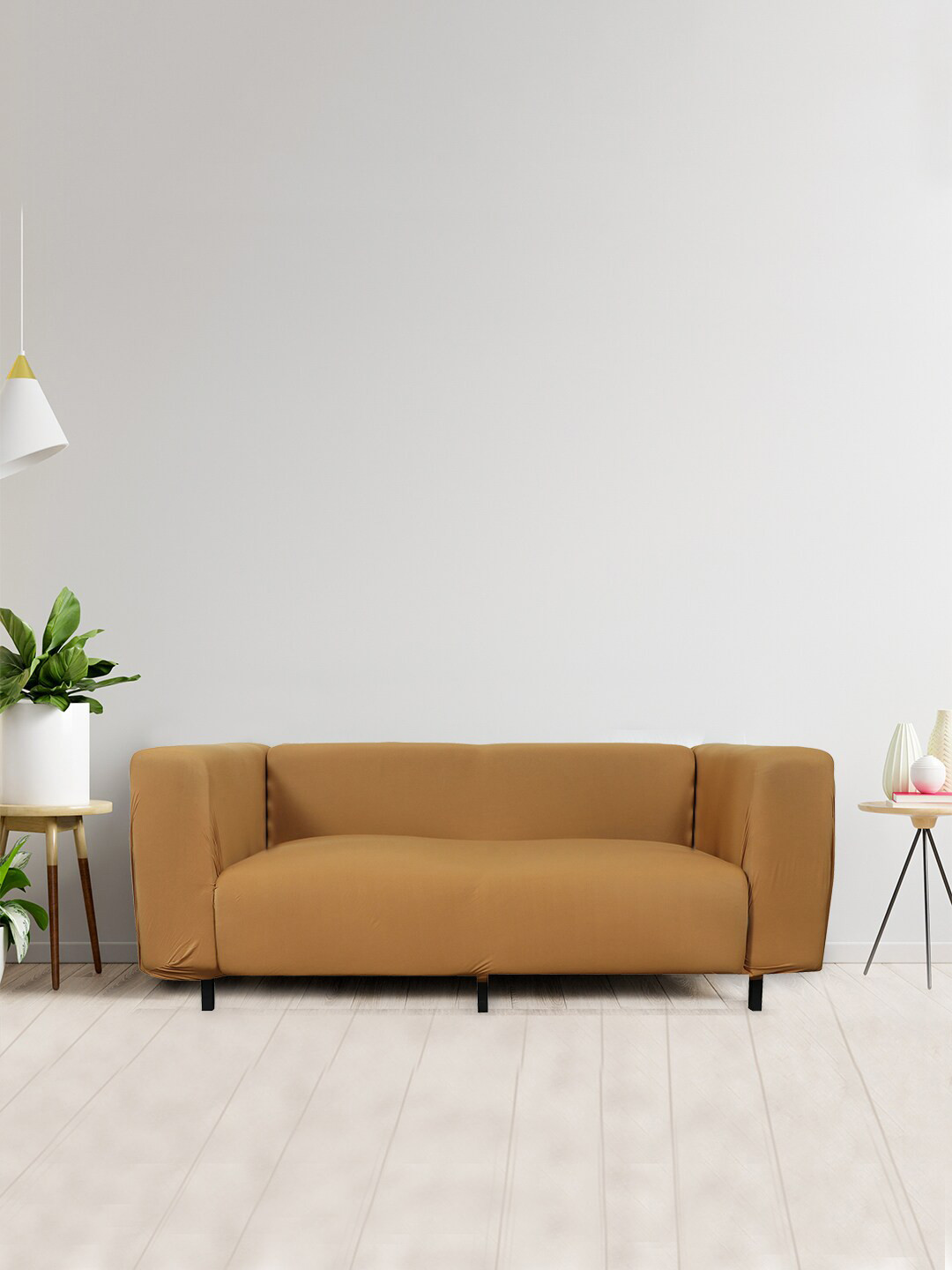 

HOUSE OF QUIRK Tan Brown Solid 4-Seater Stretchable Non-Slip Sofa Slipcover