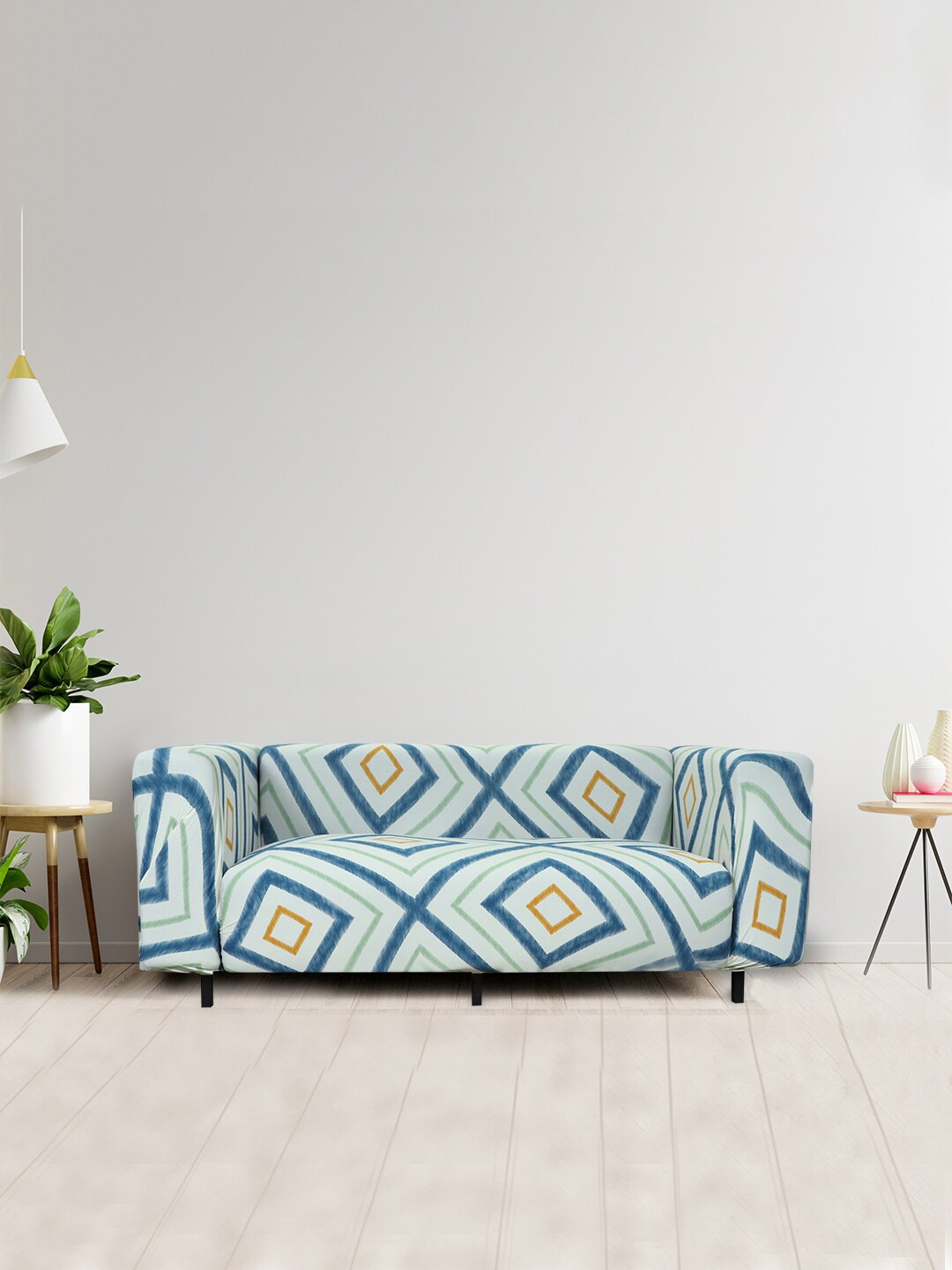 

HOUSE OF QUIRK Blue & Mustard Yellow 1-Seater Stretchable Non-Slip Sofa Covers, Multi