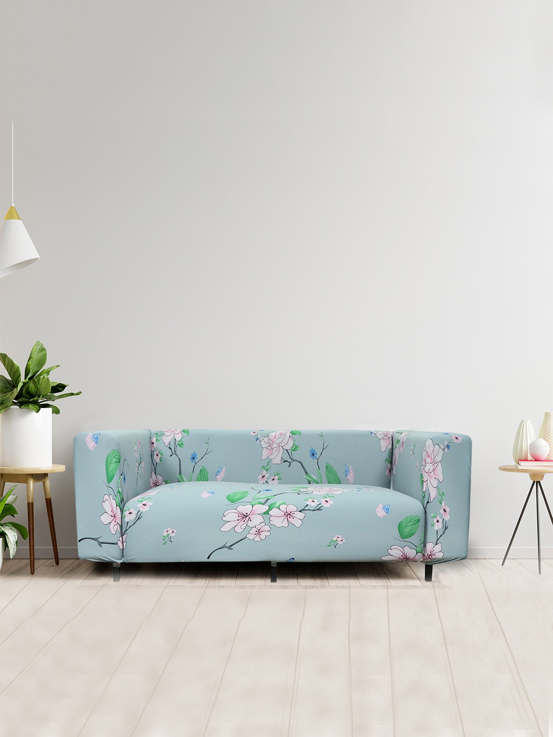

HOUSE OF QUIRK Grey & Pink Floral Printed 2-Seater Stretchable Non-Slip Sofa Slipcover