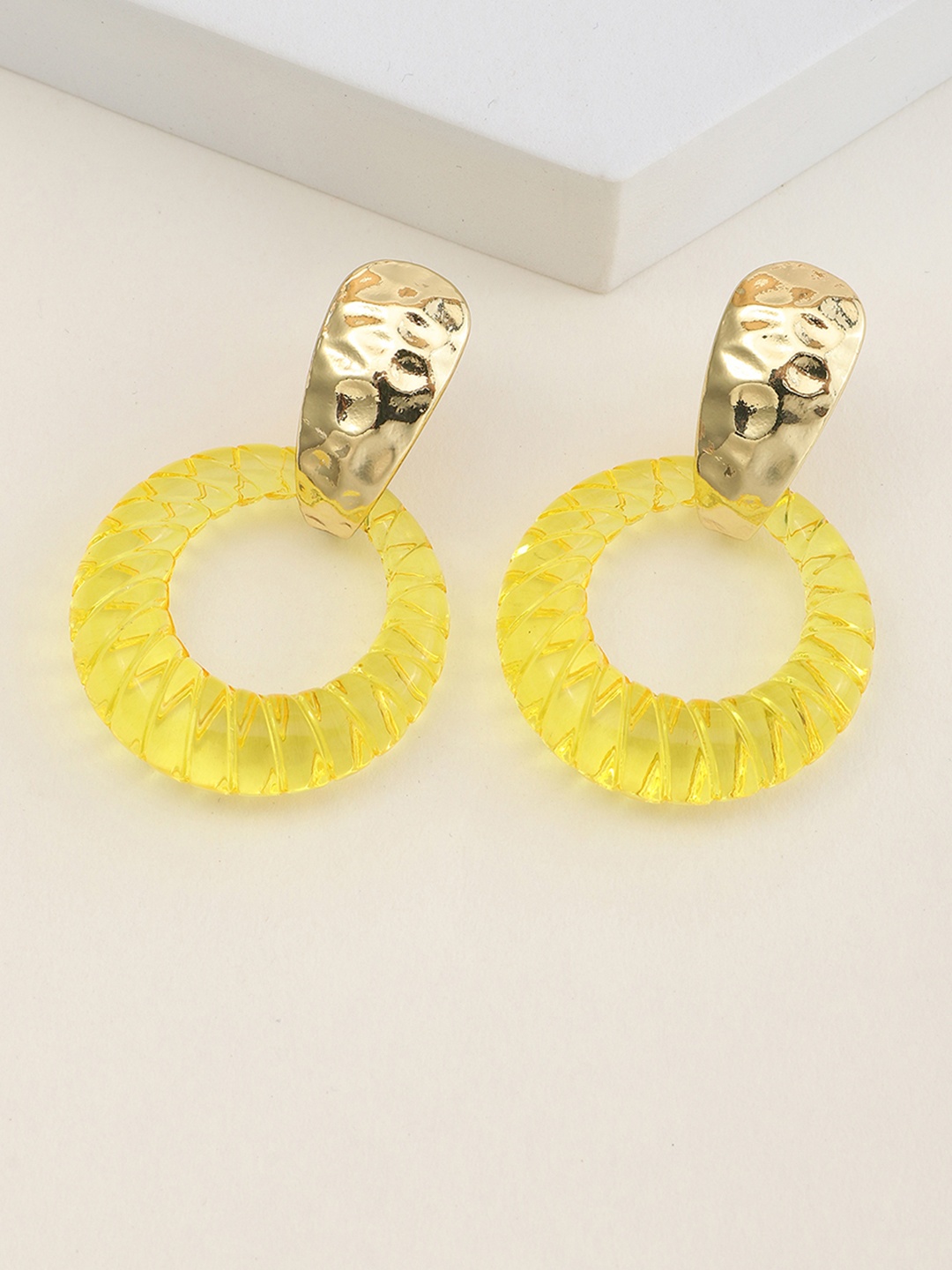 

URBANIC Yellow & Golden Circular Drop Earrings