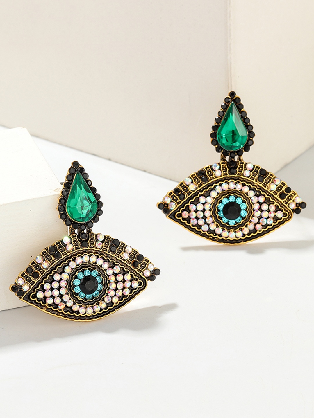 

URBANIC Black & Green Evil Eye Design Drop Earrings