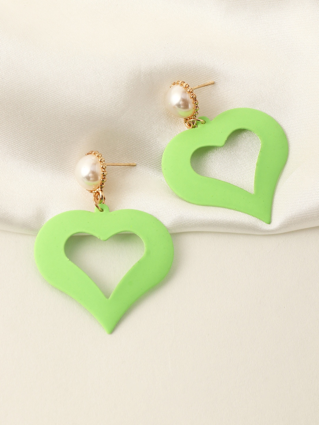 

URBANIC Green & White Heart Shaped Drop Earrings