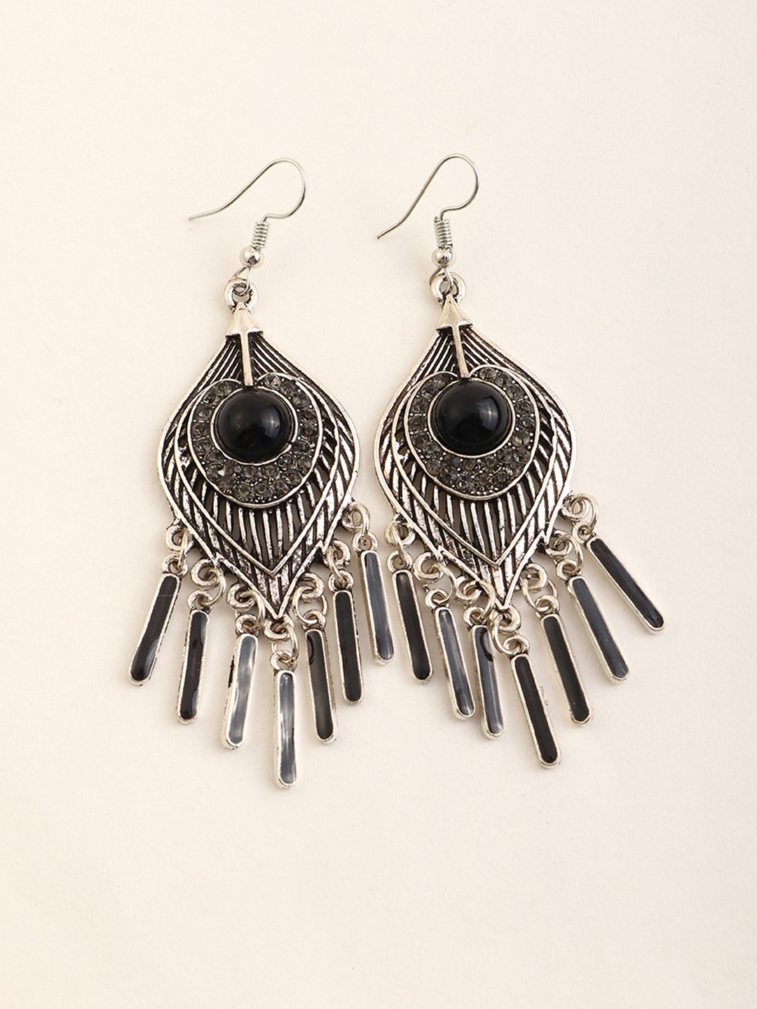 

URBANIC Black & Silver-Toned Peacock Shaped Drop Earrings