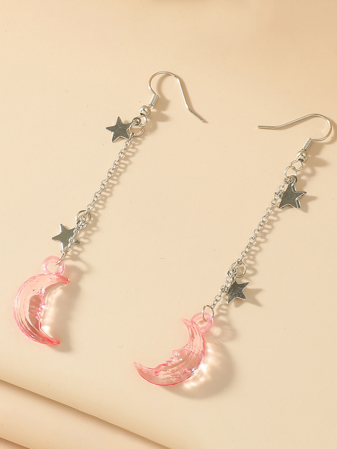 

URBANIC Pink & Silver-Toned Crescent Shaped Drop Earrings