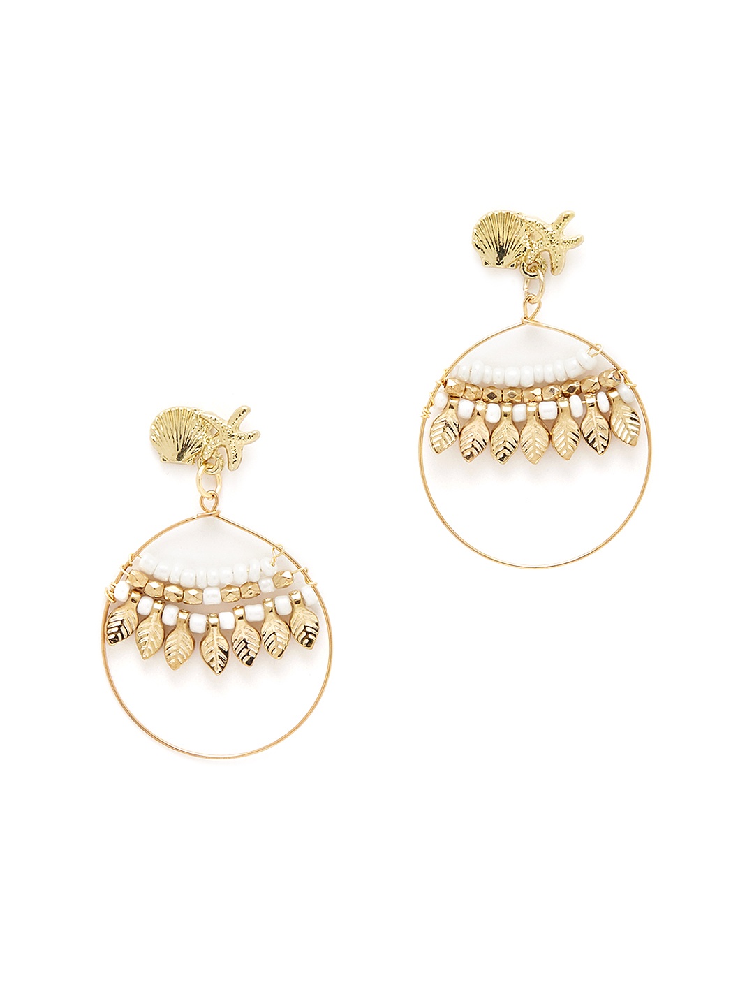 

URBANIC Gold-Toned & White Beaded Circular Drop Earrings