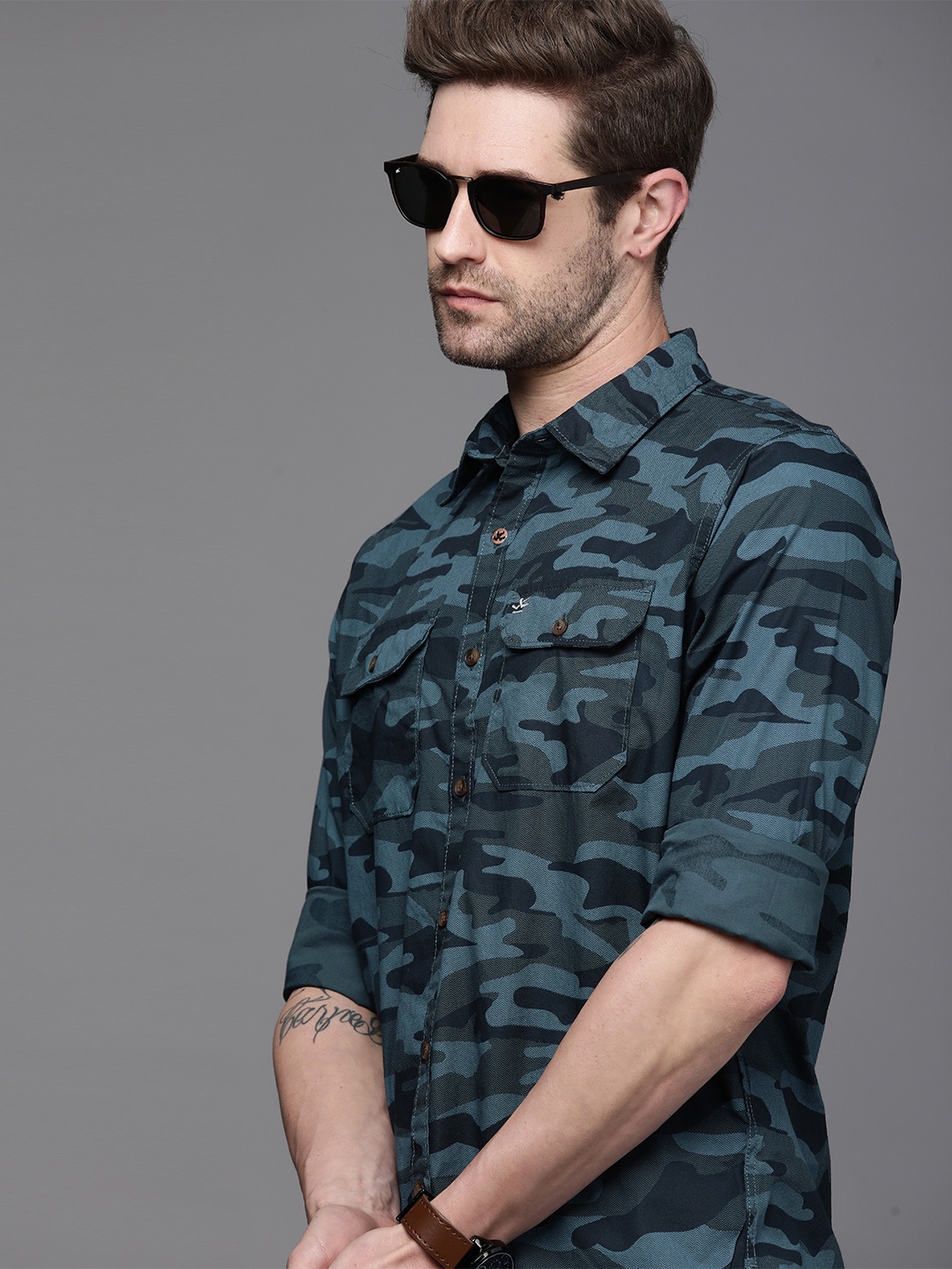 

WROGN Men Blue Camouflage Printed Casual Shirt