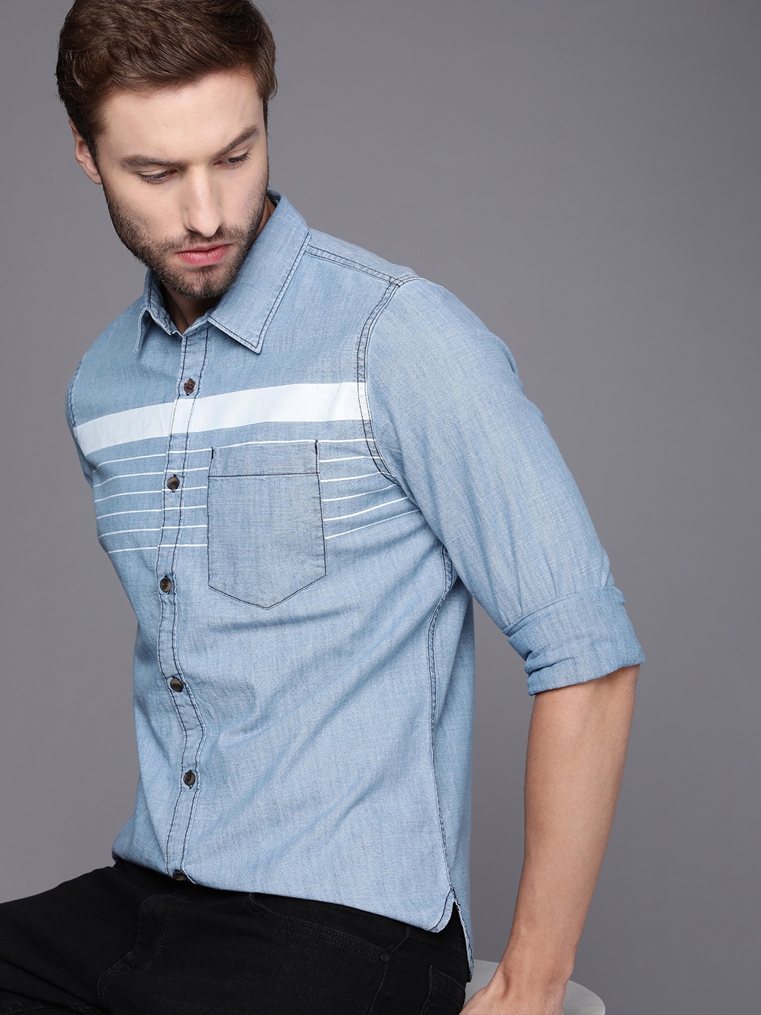 

WROGN Men Ice Blue Slim Fit Solid Opaque Pure Cotton Casual Shirt with Striped Detail