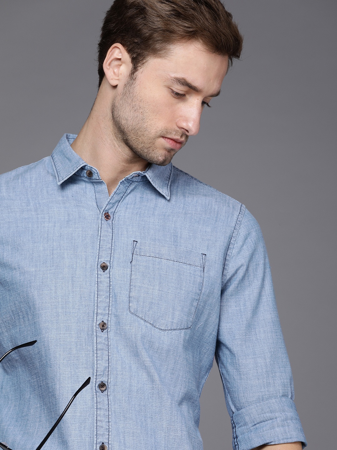 

WROGN Men Blue Slim Fit Casual Pure Cotton Shirt