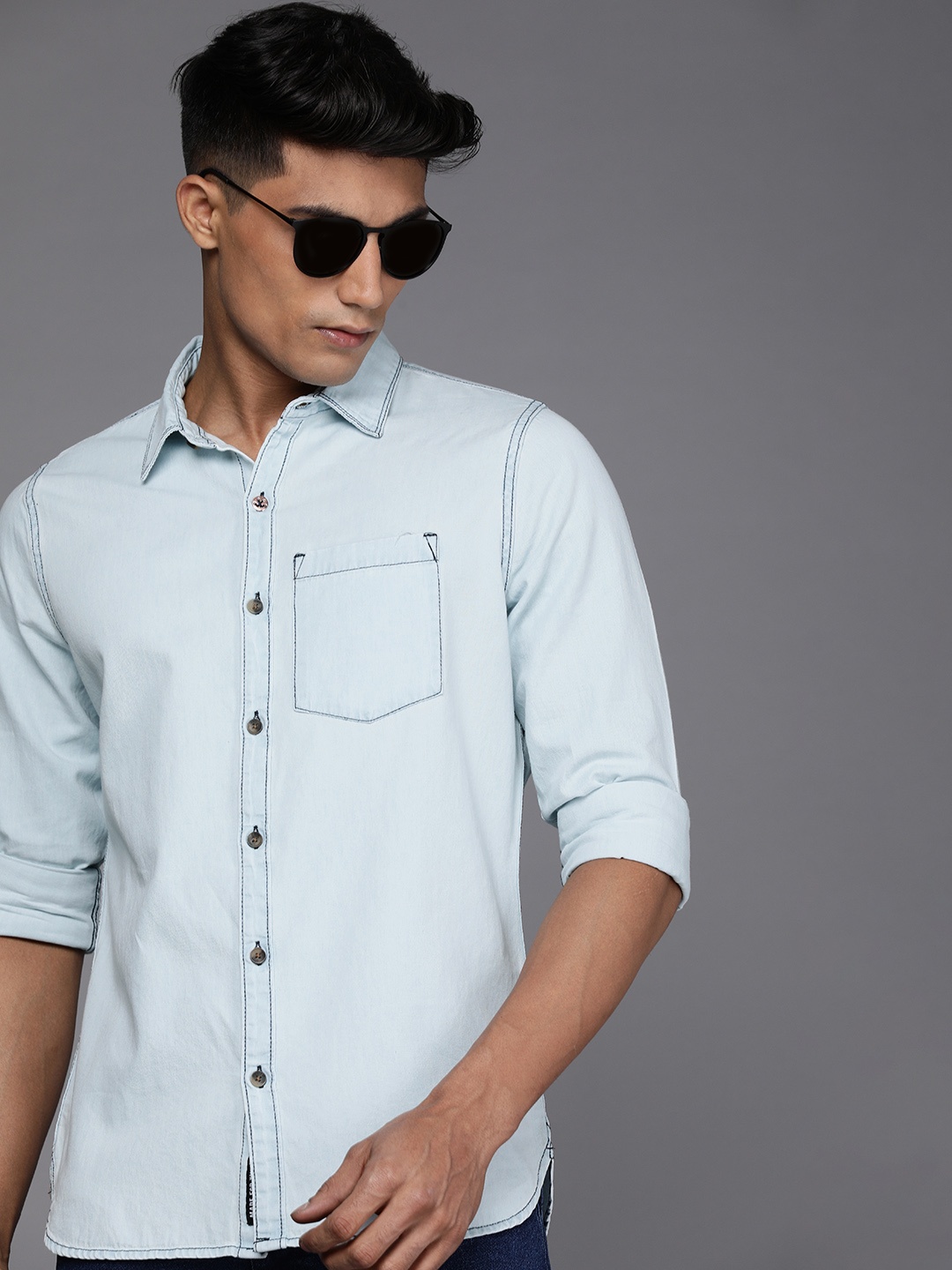 

WROGN Men Denim Solid Slim Fit Casual Shirt, Blue