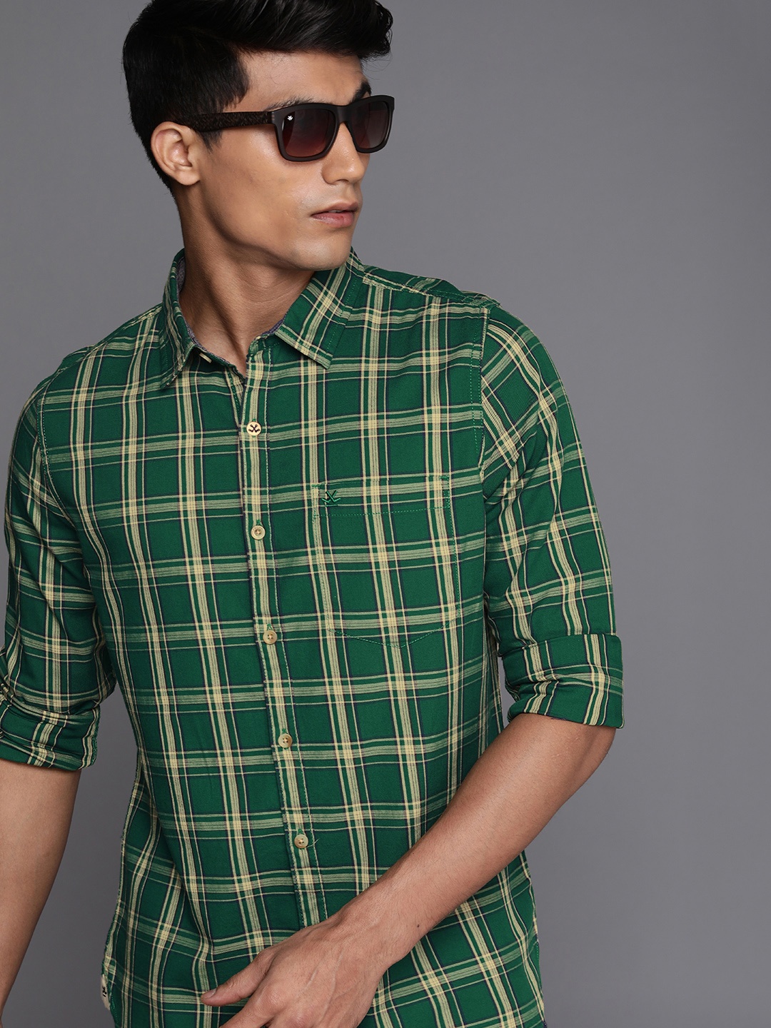 

WROGN Men Green & Beige Slim Fit Checked Casual Shirt