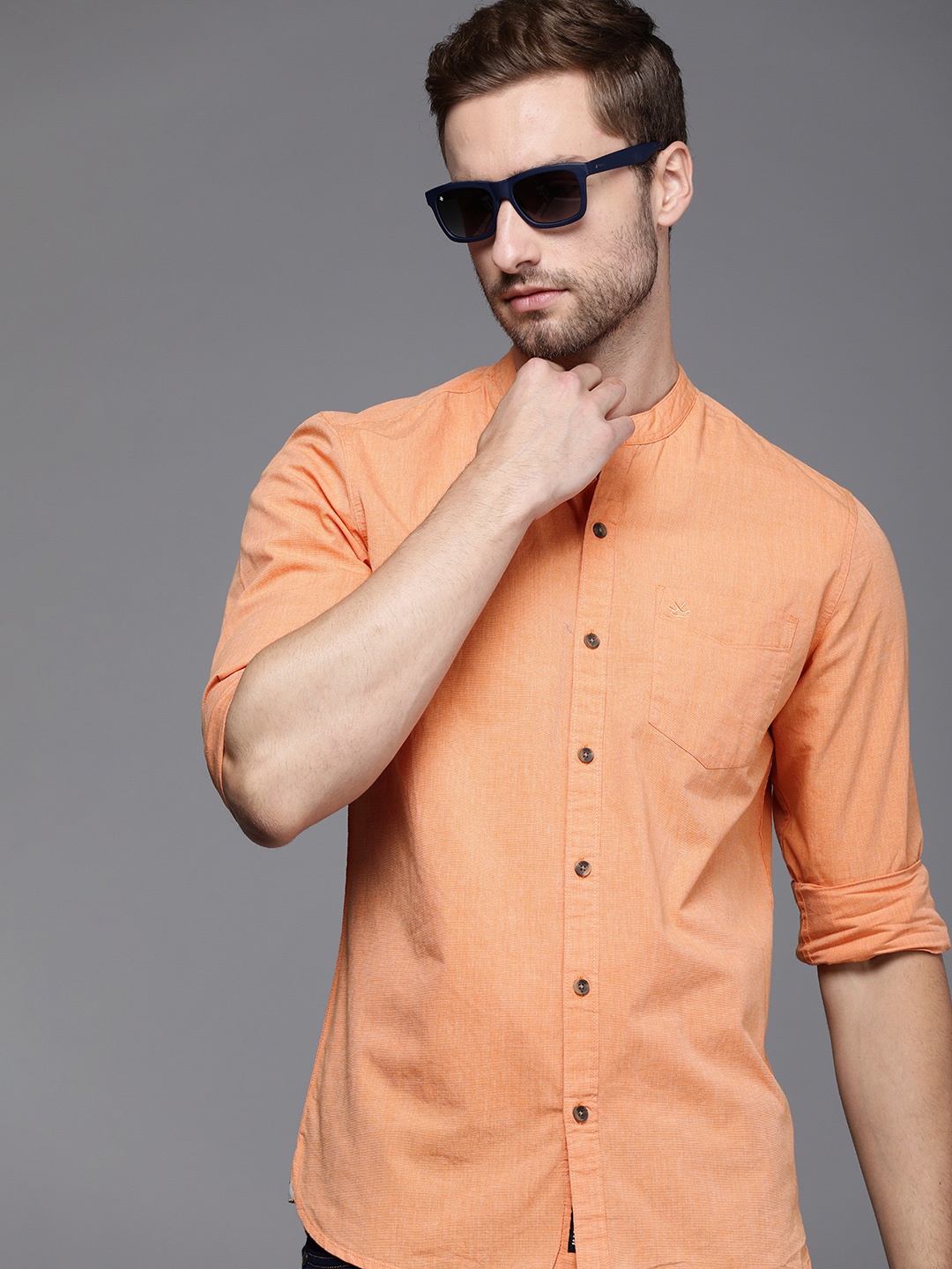 

WROGN Men Orange Solid Slim Fit Pure Cotton Casual Shirt