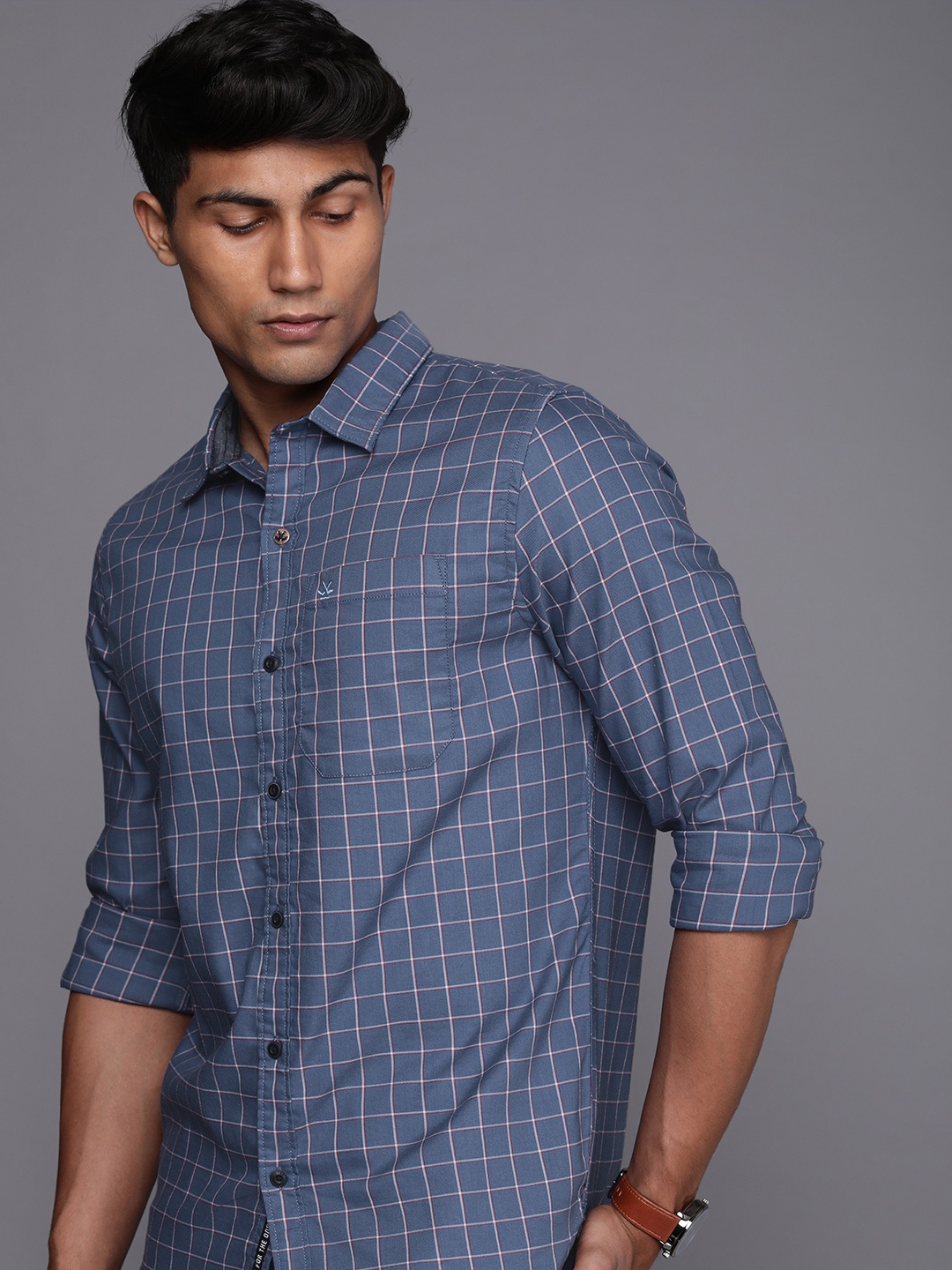 

WROGN Men Blue Slim Fit Grid Tattersall Checked Pure Cotton Casual Shirt