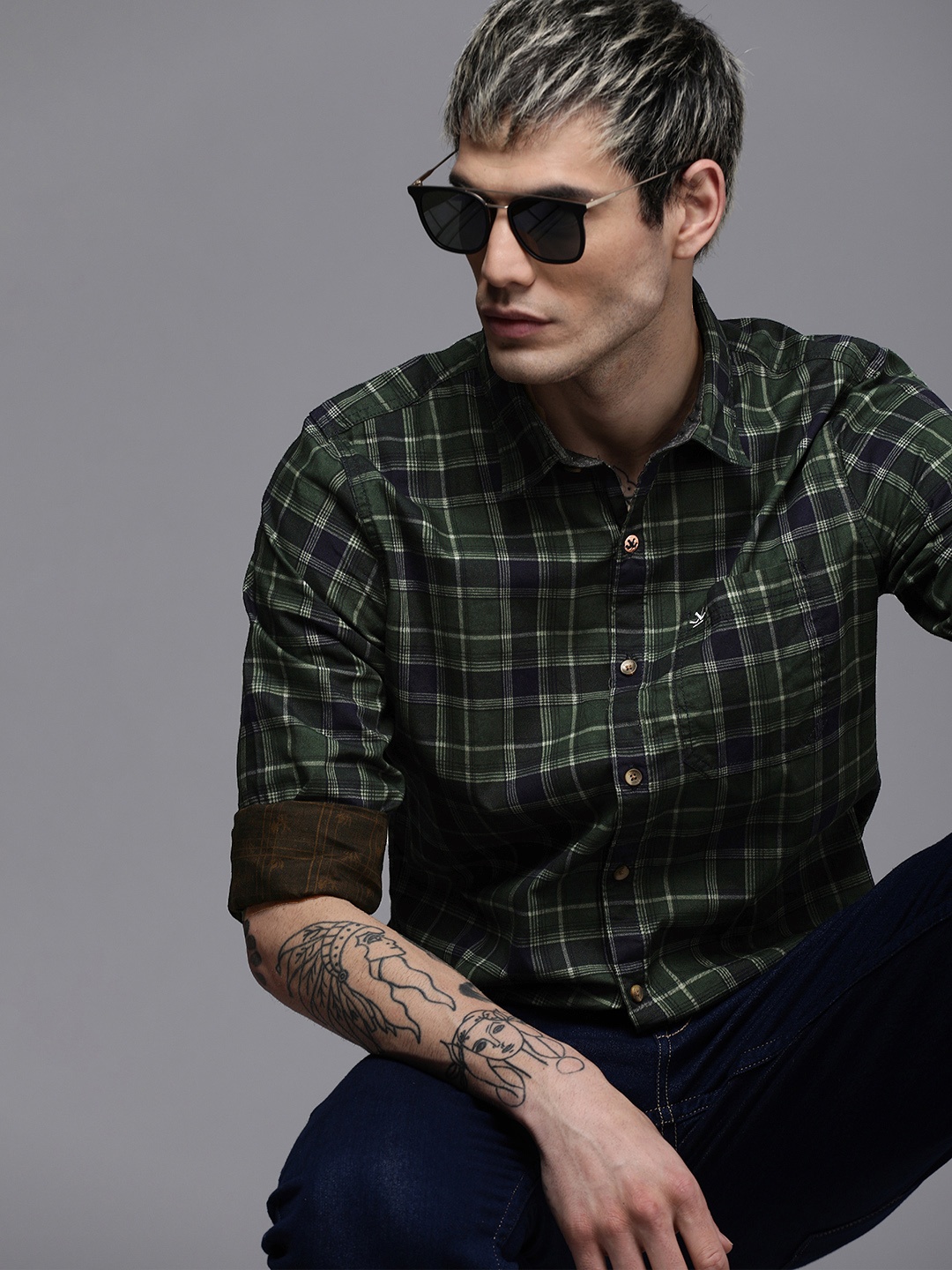 

WROGN Men Green & Blue Slim Fit Checked Casual Shirt