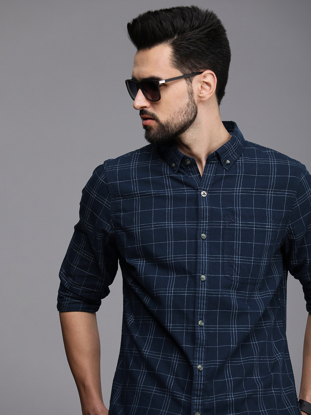 

WROGN Men Navy Blue Slim Fit Checked Casual Shirt