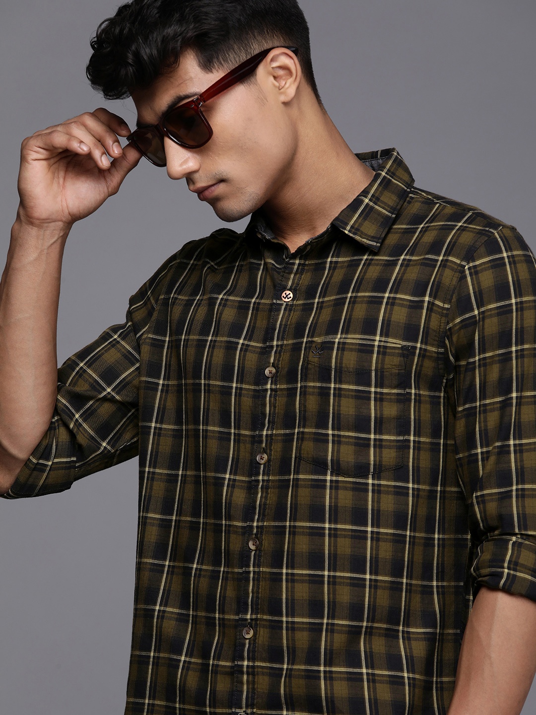

WROGN Men Black & Mustard Yellow Slim Fit Checked Pure Cotton Casual Shirt