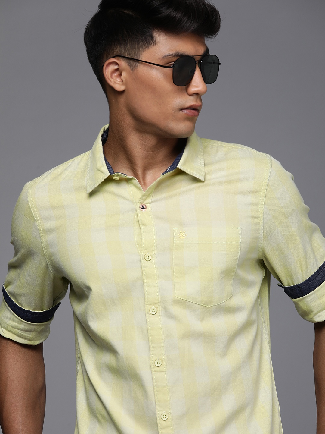 

WROGN Men Lime Yellow & White Slim Fit Buffalo Checks Pure Cotton Casual Shirt