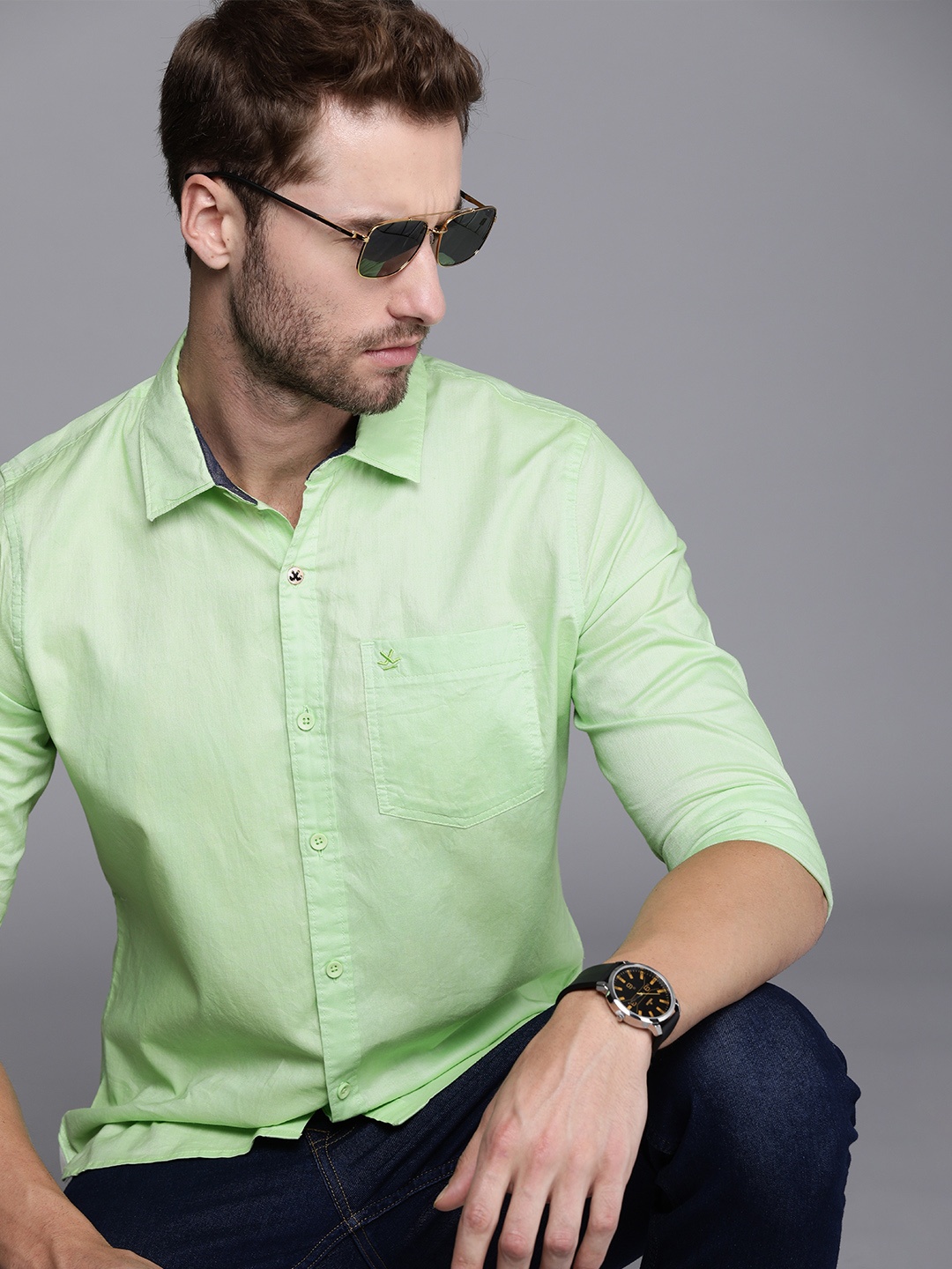 

WROGN Men Lime Green Solid Slim Fit Pure Cotton Casual Shirt