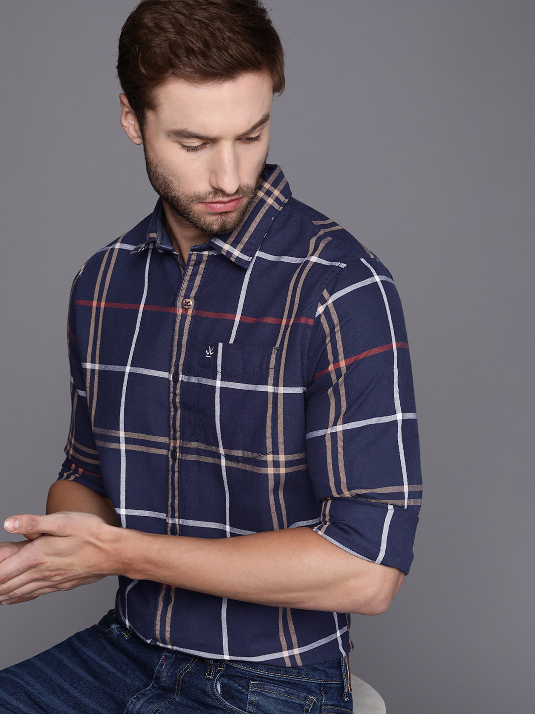

WROGN Men Navy Blue Slim Fit Windowpane Checks Opaque Pure Cotton Casual Shirt