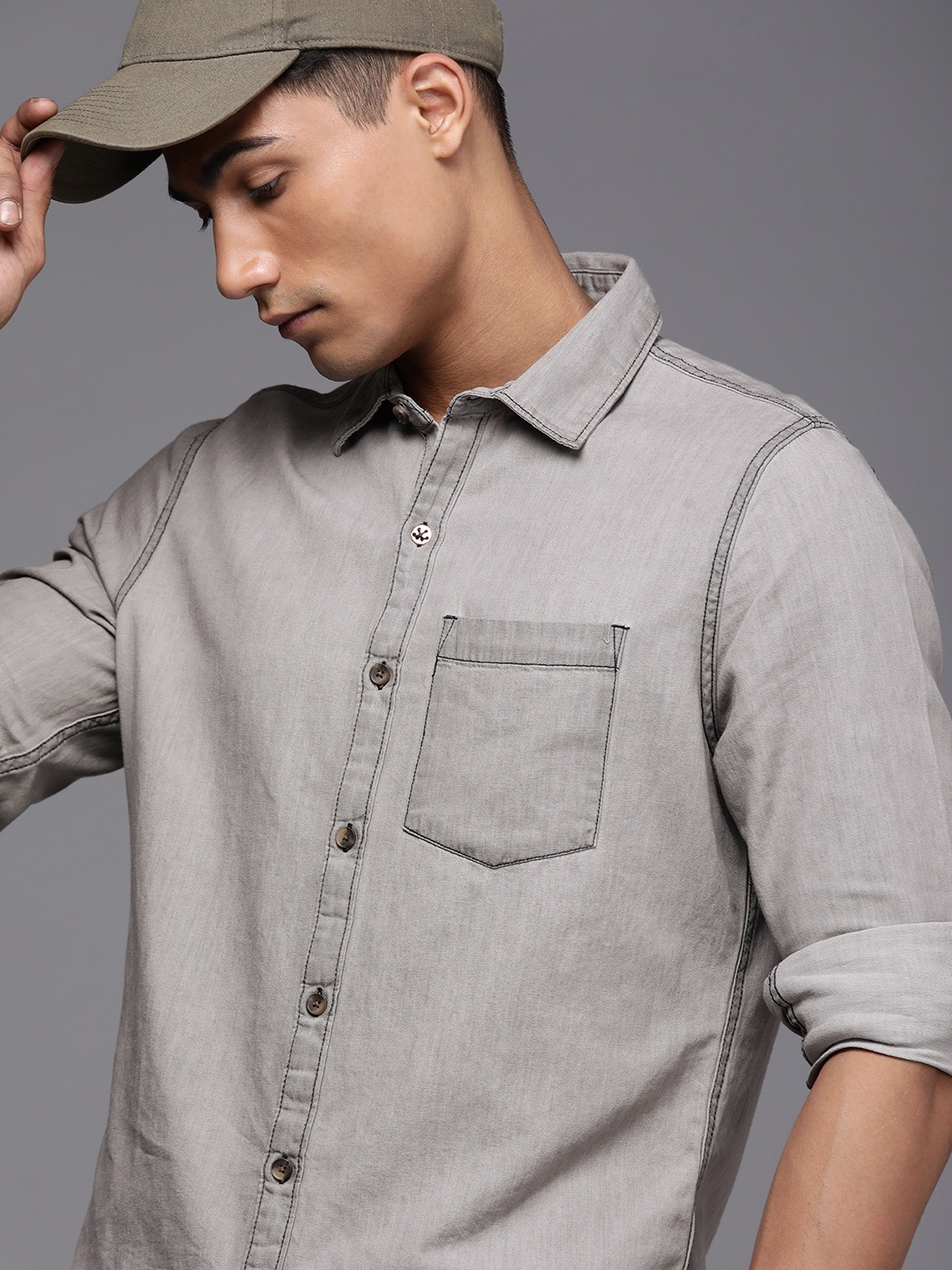 

WROGN Men Grey Faded Slim Fit Long Sleeves Casual Shirt