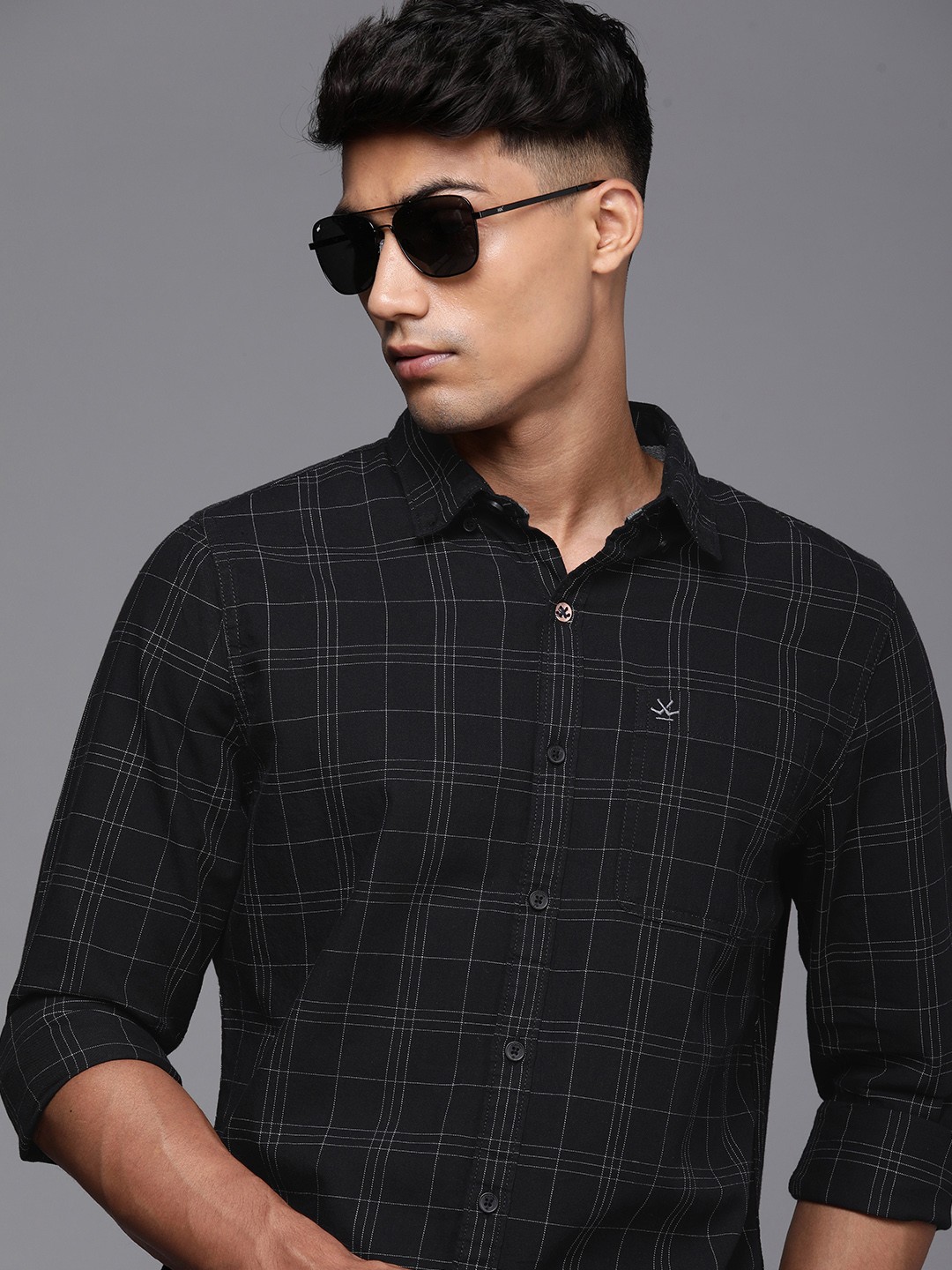 

WROGN Men Black Tartan Checked Slim Fit Pure Cotton Casual Shirt