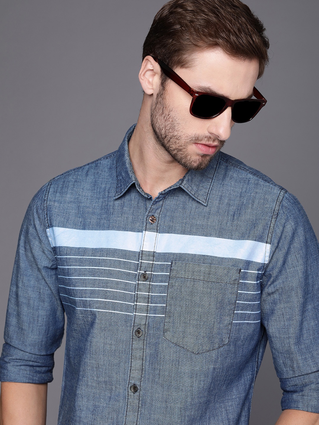 

WROGN Men Ice Blue Slim Fit Solid Opaque Pure Cotton Casual Shirt with Striped Detail