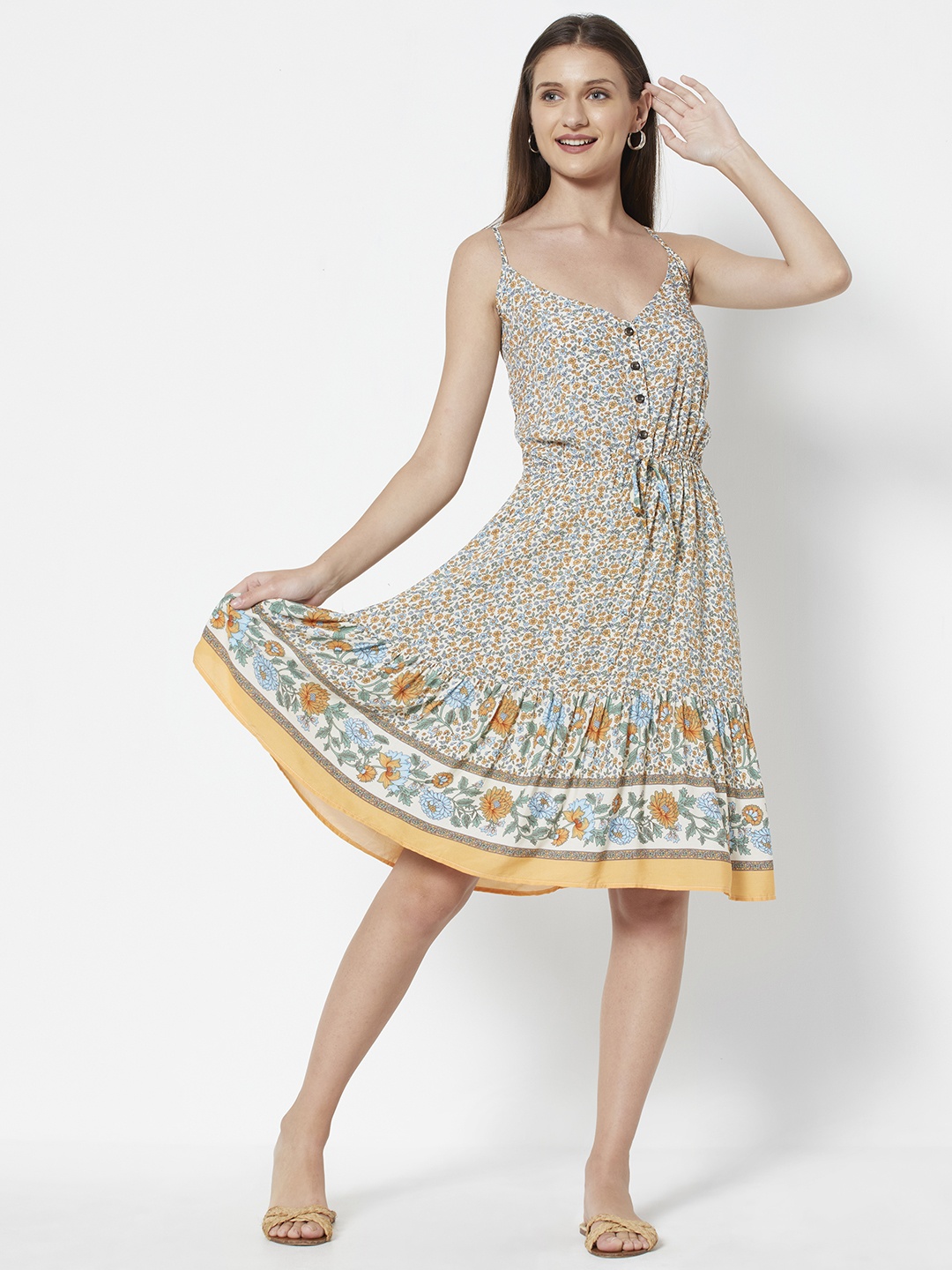 

URBANIC White & Yellow Floral Print A-Line Dress