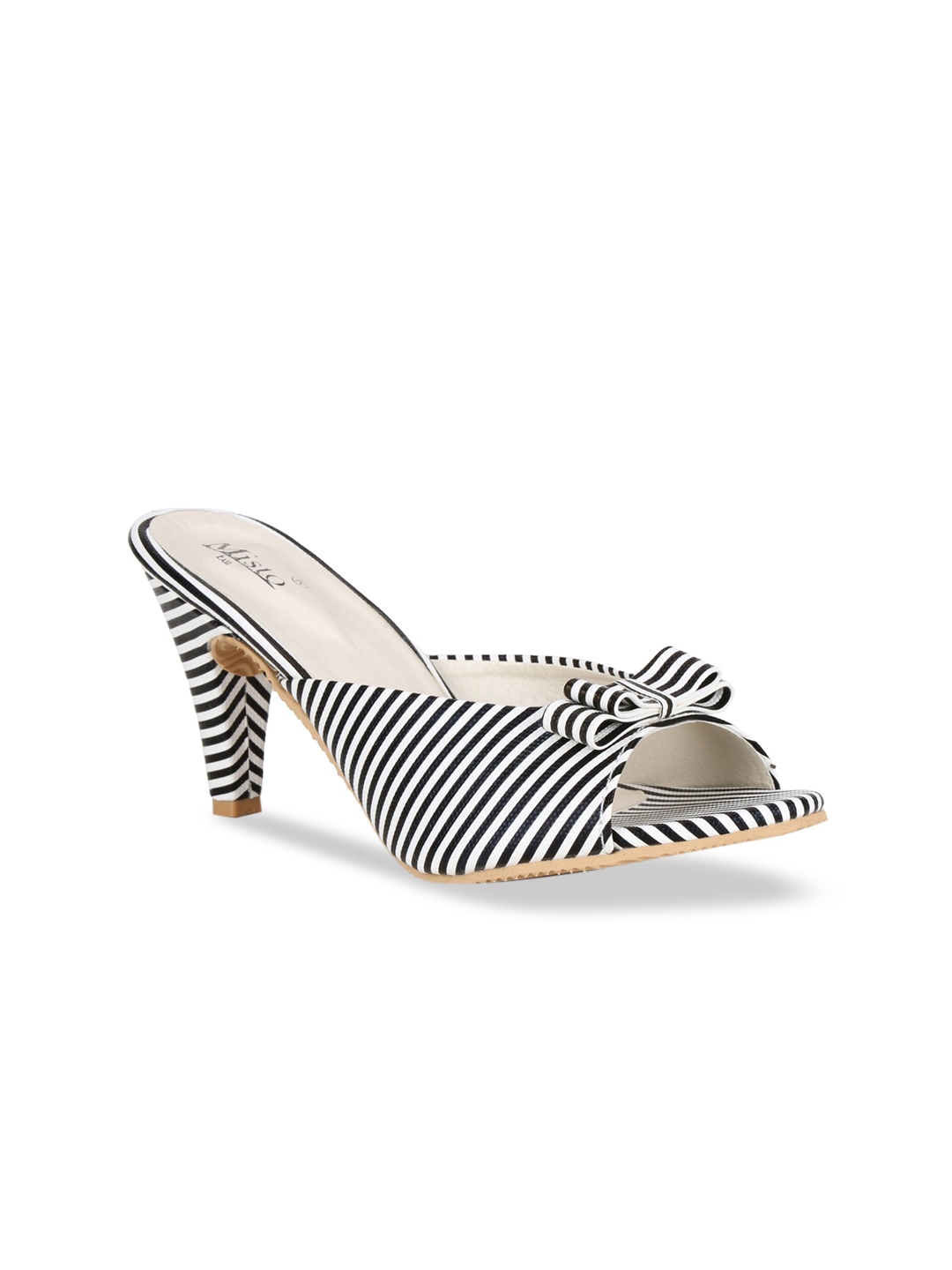 

Misto Black & White Striped PU Block Sandals with Bows