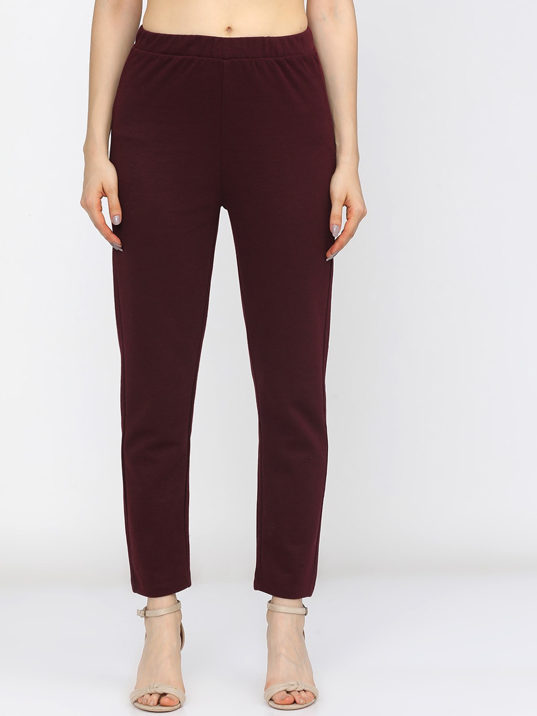 

Vishudh Women Maroon Slim-Fit Cigerette Trousers