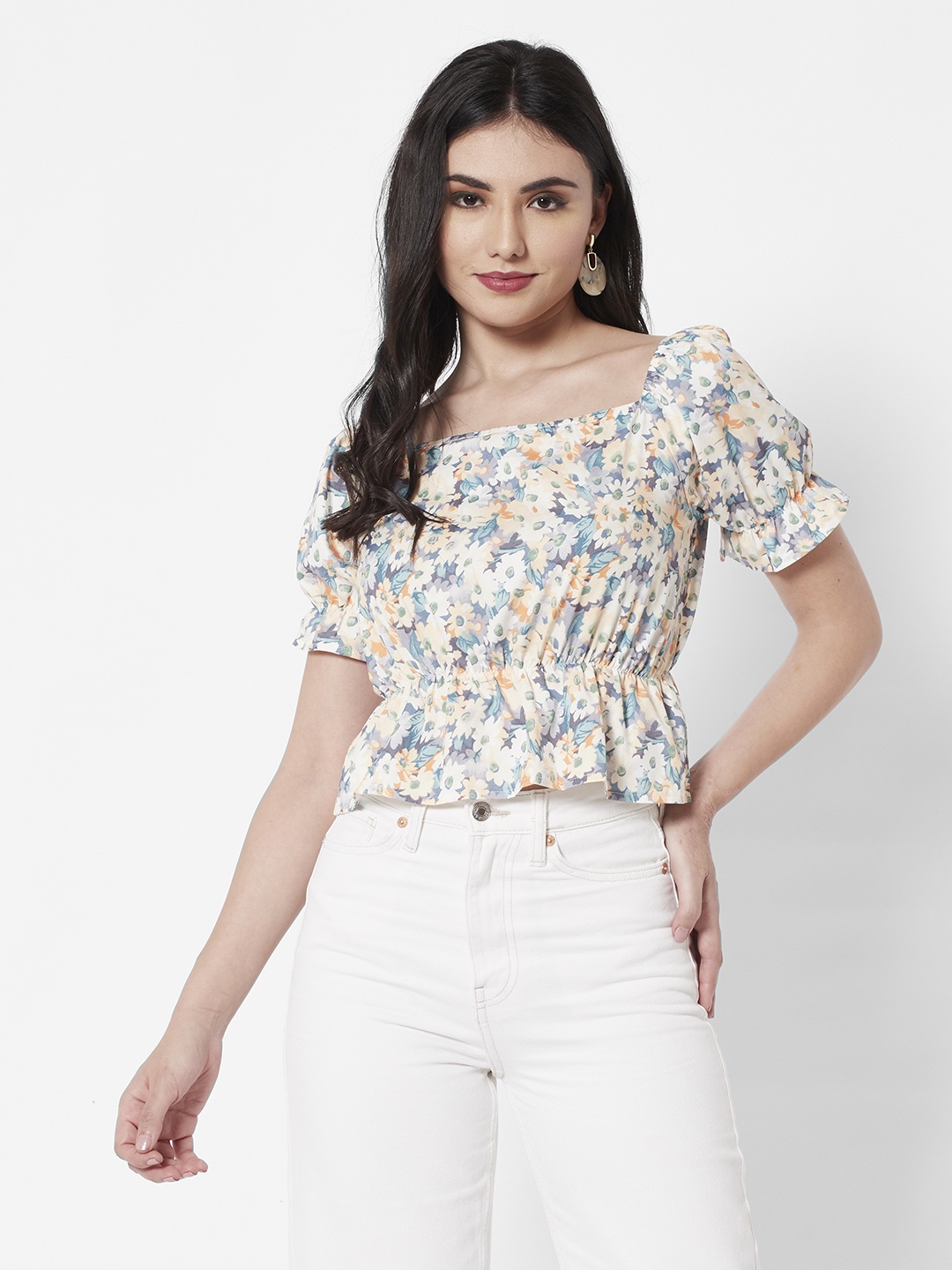 

URBANIC Women Beige & Blue Floral Print Top