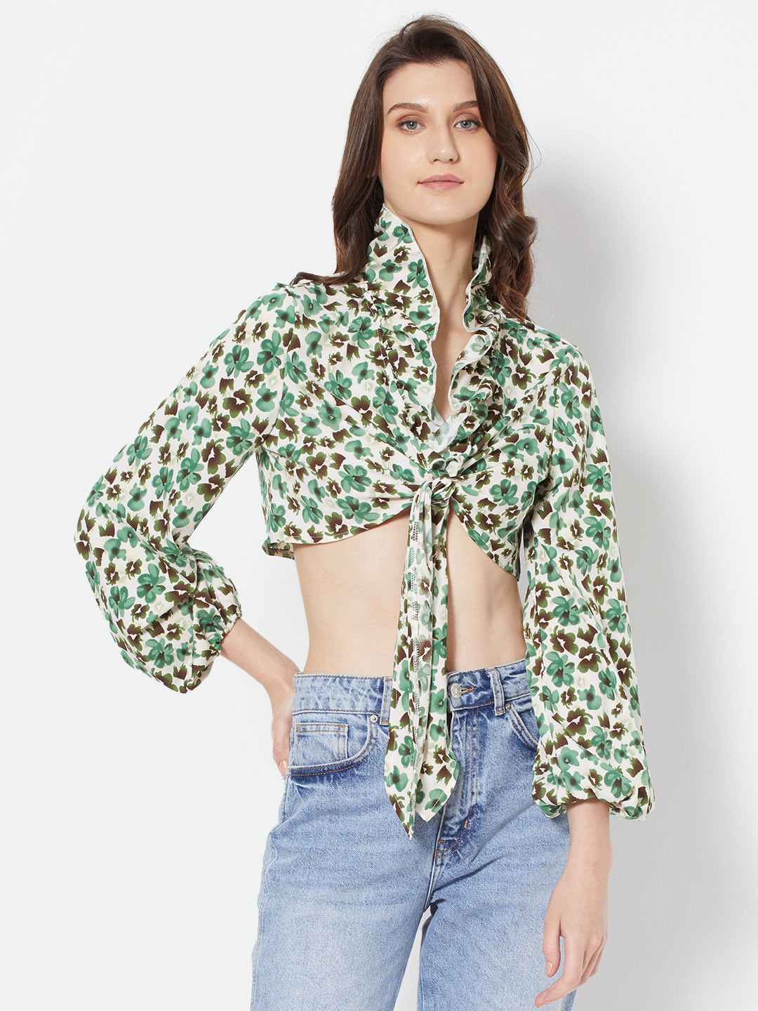 

URBANIC Women Green & Brown Floral Print Crop Top