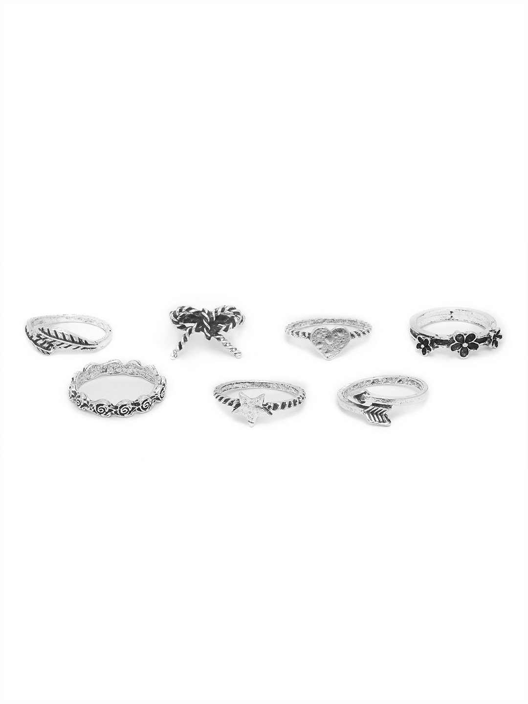 

URBANIC Oxidised Pack of 7 Silver-Toned Mismatch Finger Ring Set