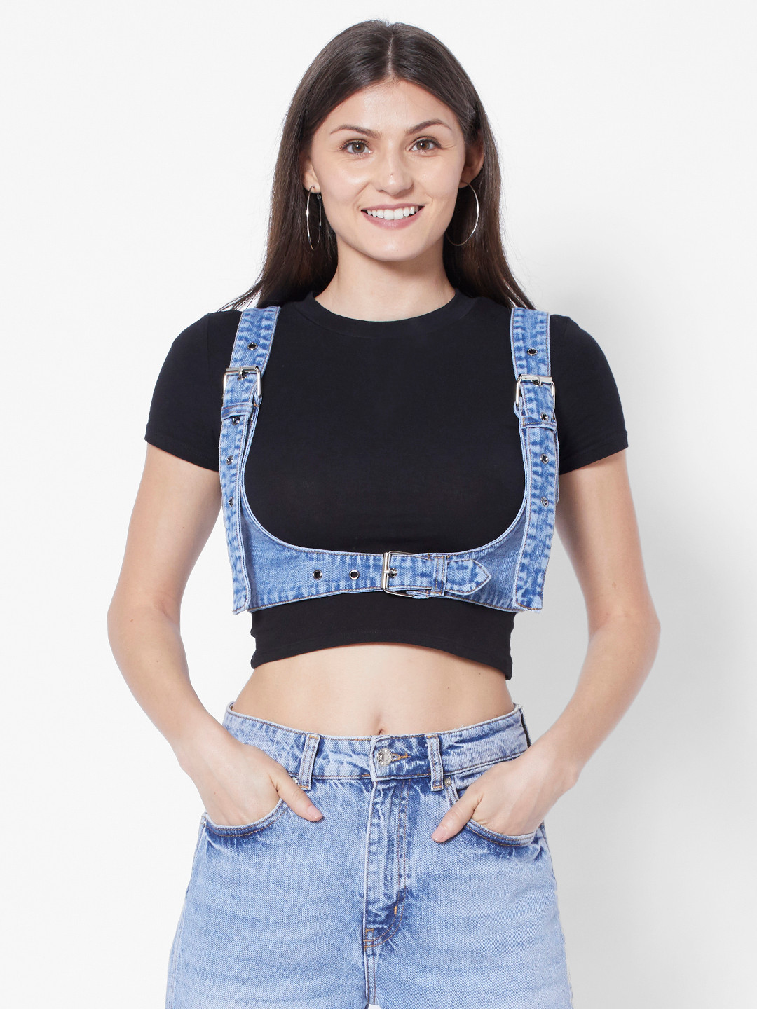 

URBANIC Women Blue Denim Eyelet Pure Cotton Crop Top