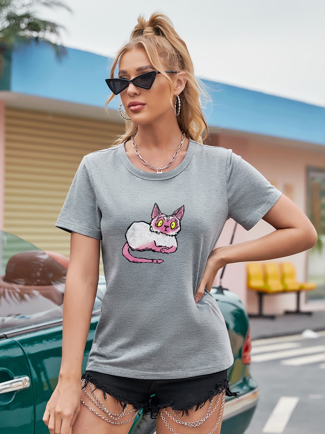 

URBANIC Women Grey Melange & Pink Printed T-shirt