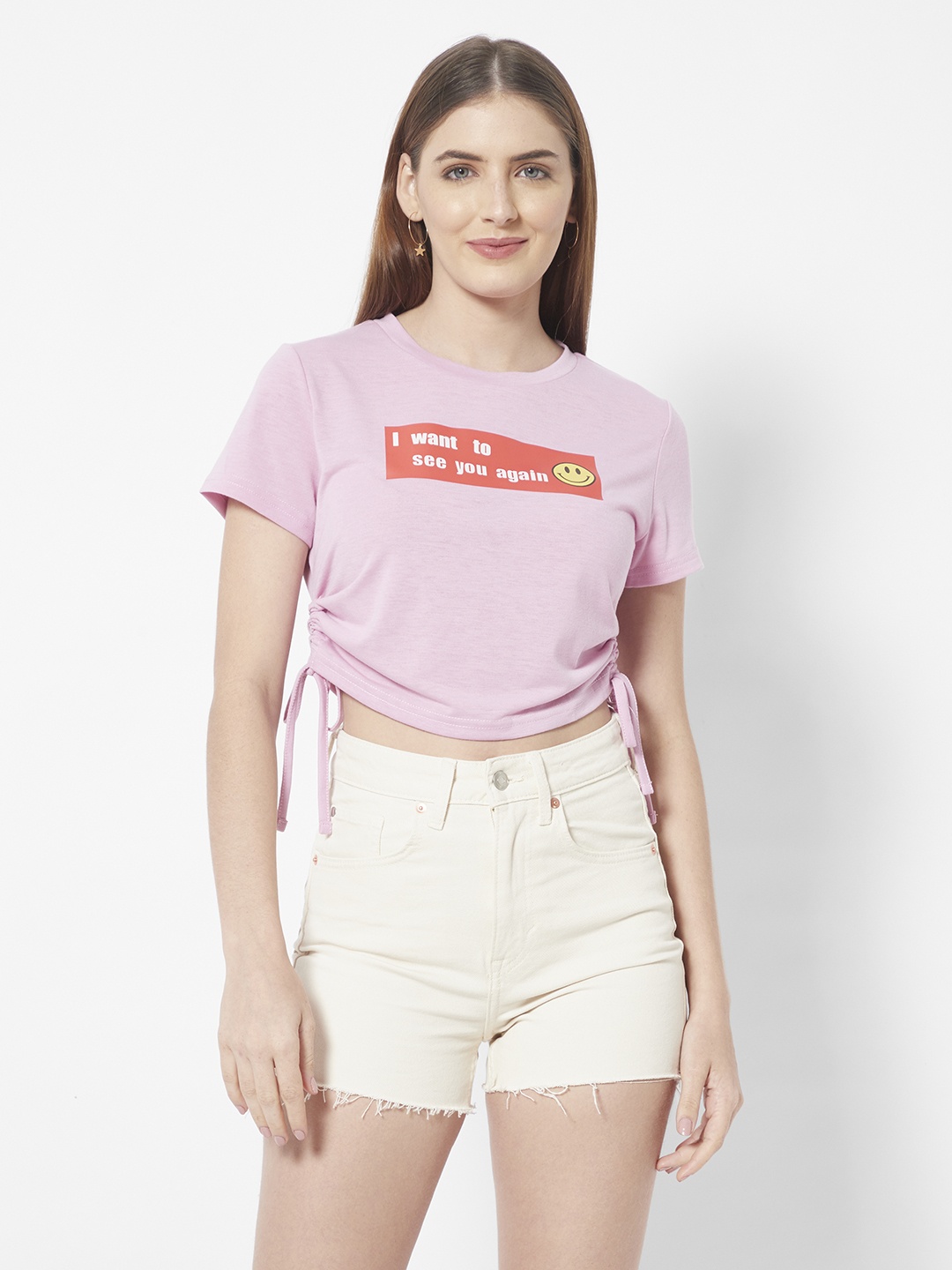 

URBANIC Women Lavender Printed Ruched T-shirt