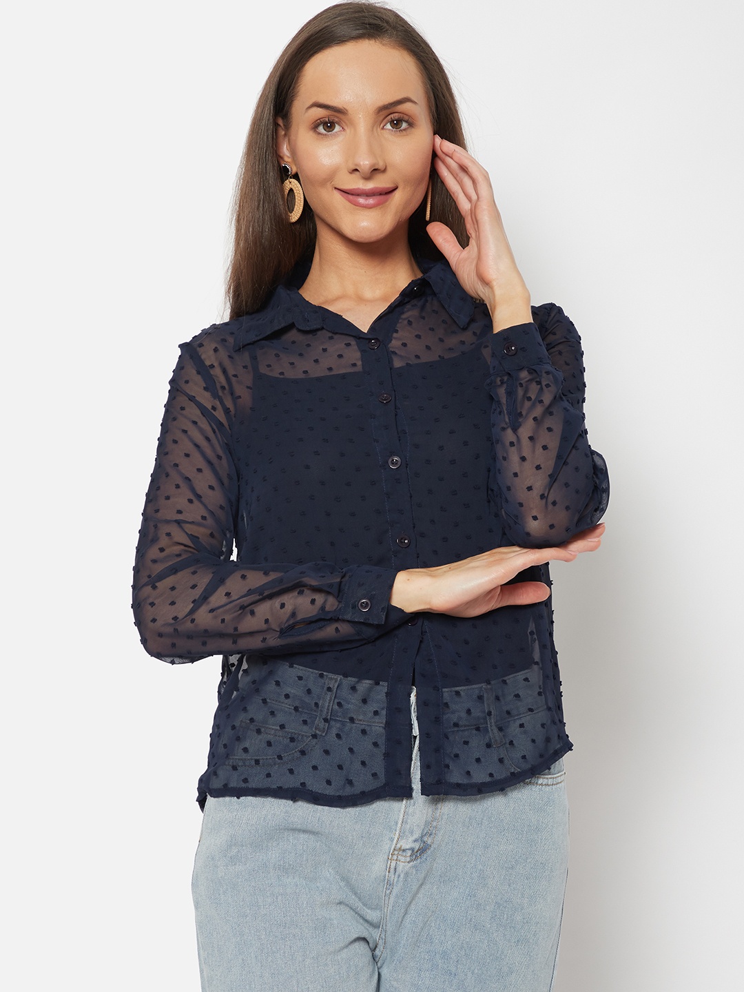 

URBANIC Women Navy Blue Sheer Dobby Weave Casual Shirt