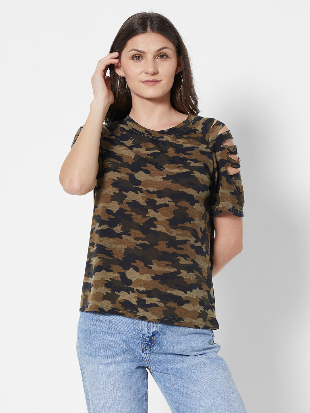 

URBANIC Women Olive Green & Black Camouflage Printed T-shirt