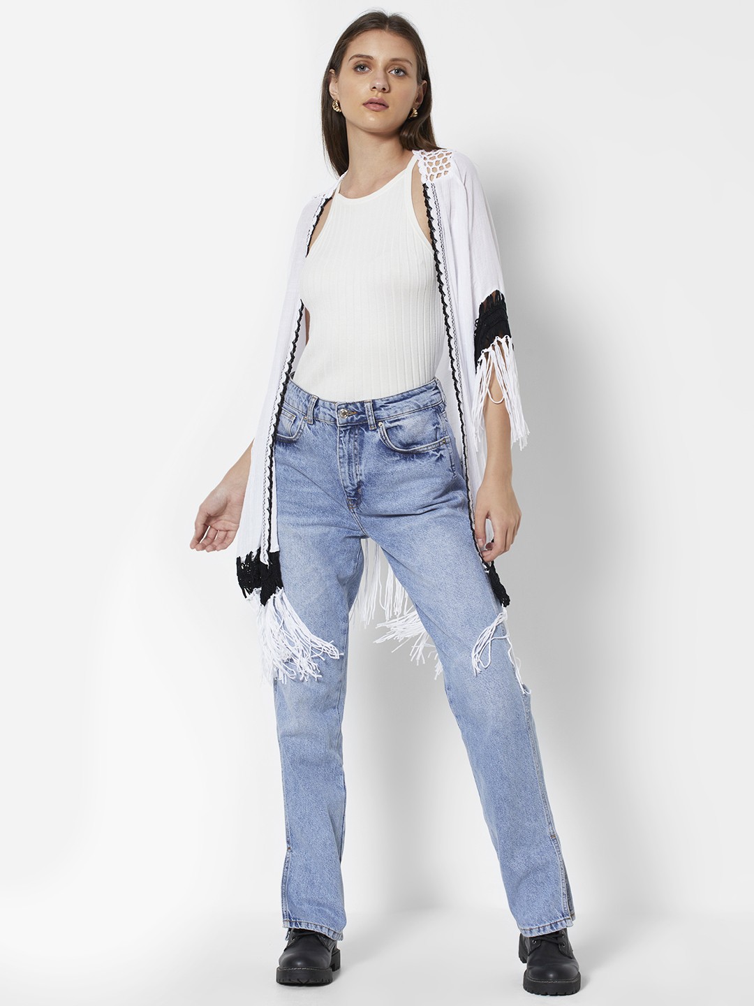 

URBANIC Women White & Black Longline Shrug