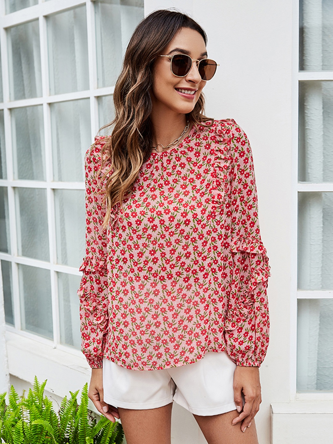 

URBANIC Women Red Floral Printed Ruffles Top